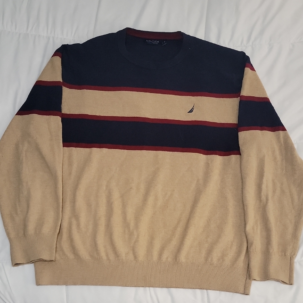 Nautica Men's Tan and Blue Striped Sweater
